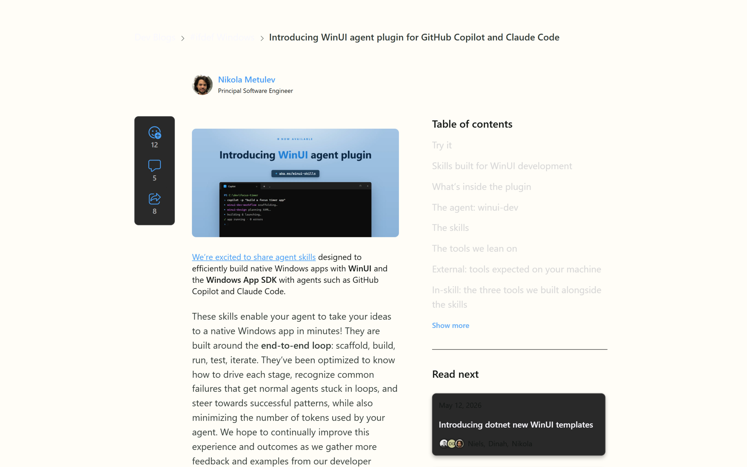 Screenshot of Microsoft Dev Blogs article introducing the WinUI agent plugin for GitHub Copilot and Claude Code.