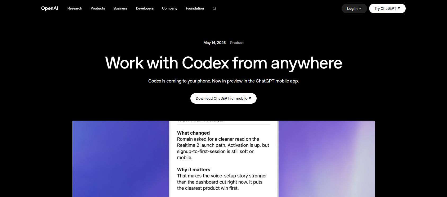 OpenAI Work with Codex from anywhere page screenshot