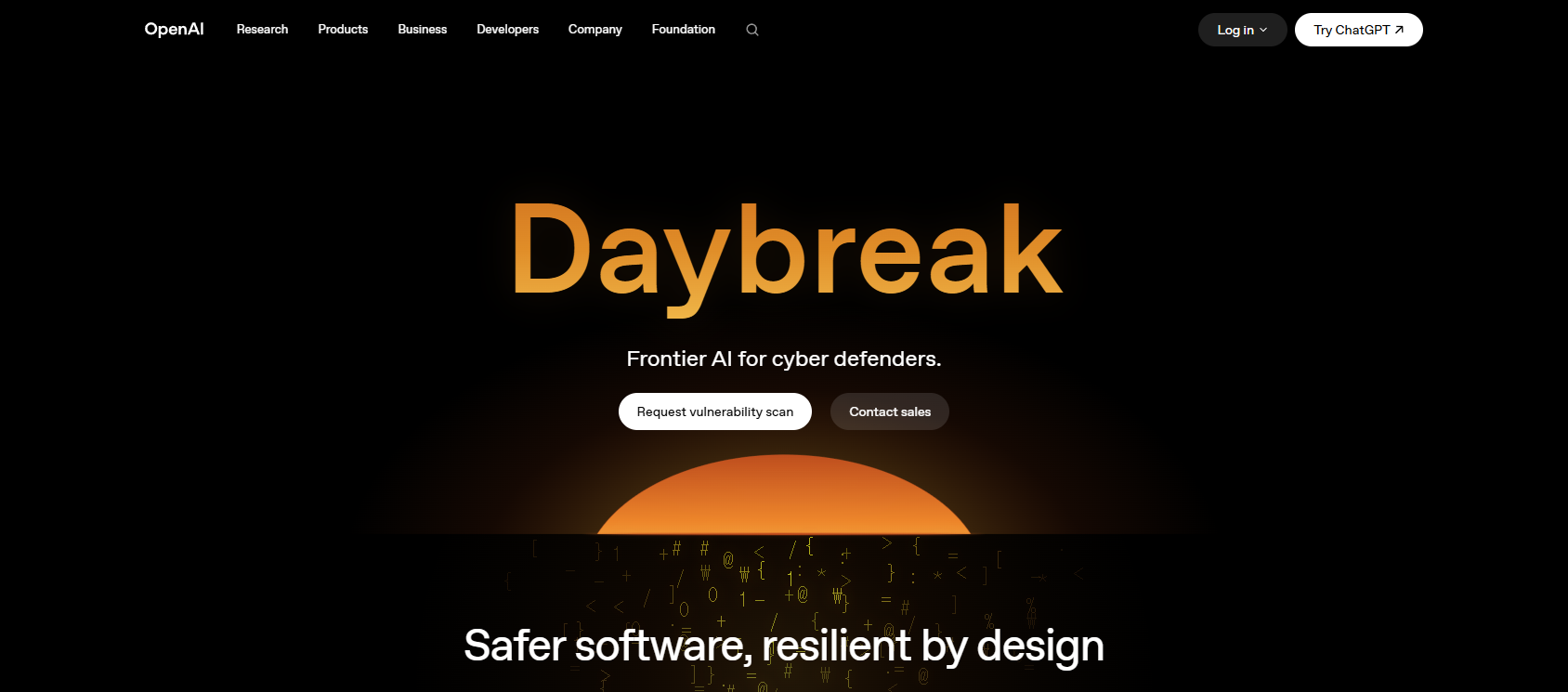 OpenAI Daybreak official page screenshot showing the Daybreak cyber defense product page