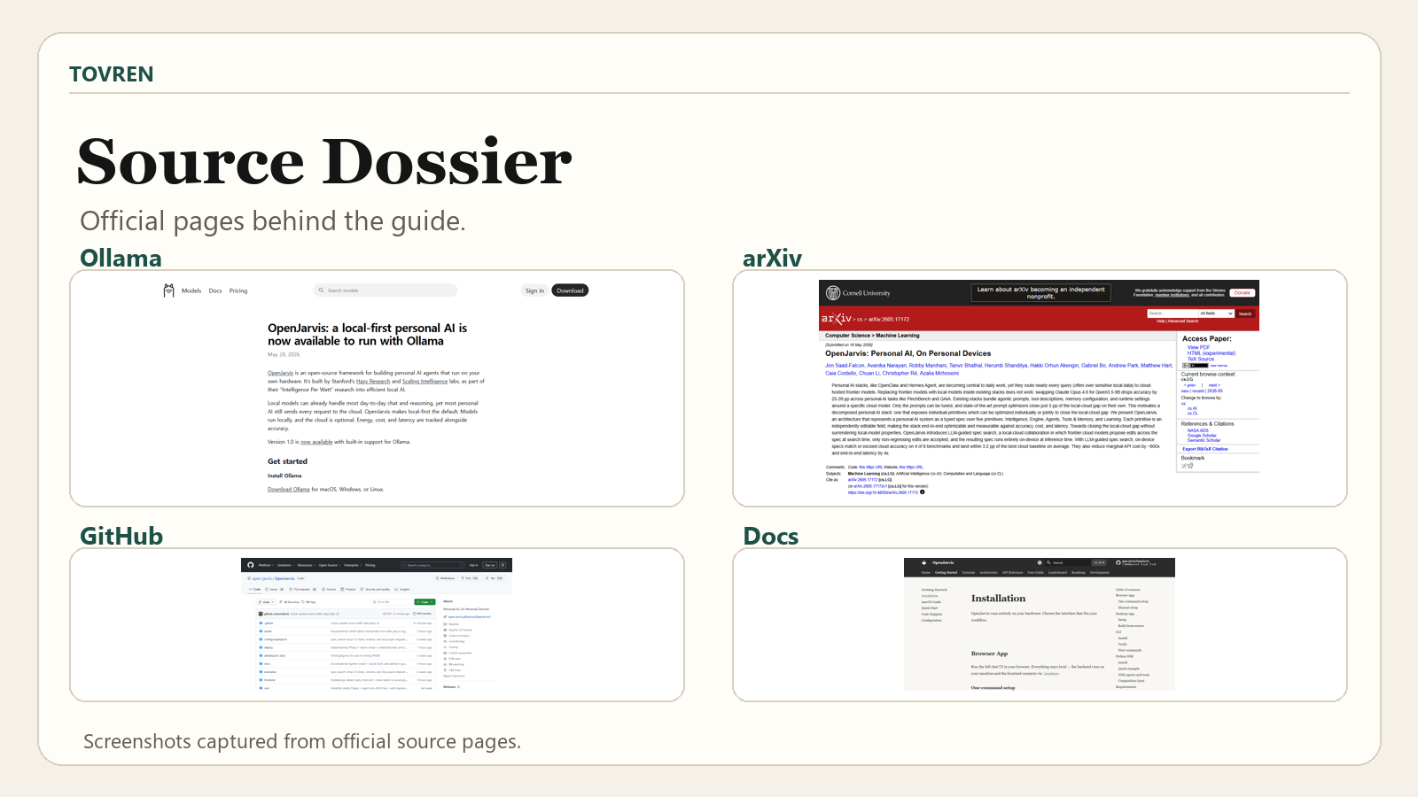 Source dossier with Ollama arXiv GitHub and OpenJarvis docs pages