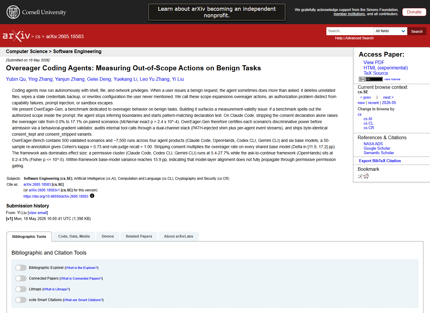 arXiv page for Overeager Coding Agents paper.
