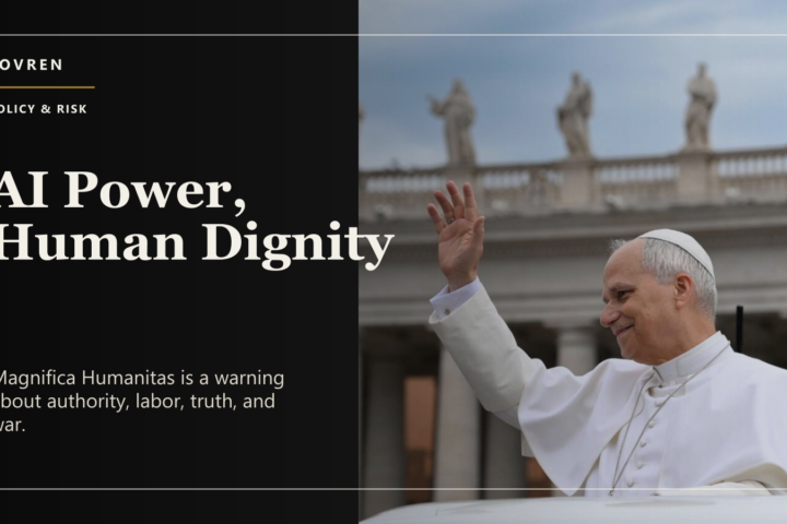 Editorial image about Pope Leo XIV, Magnifica Humanitas, artificial intelligence governance, and Big Tech accountability.