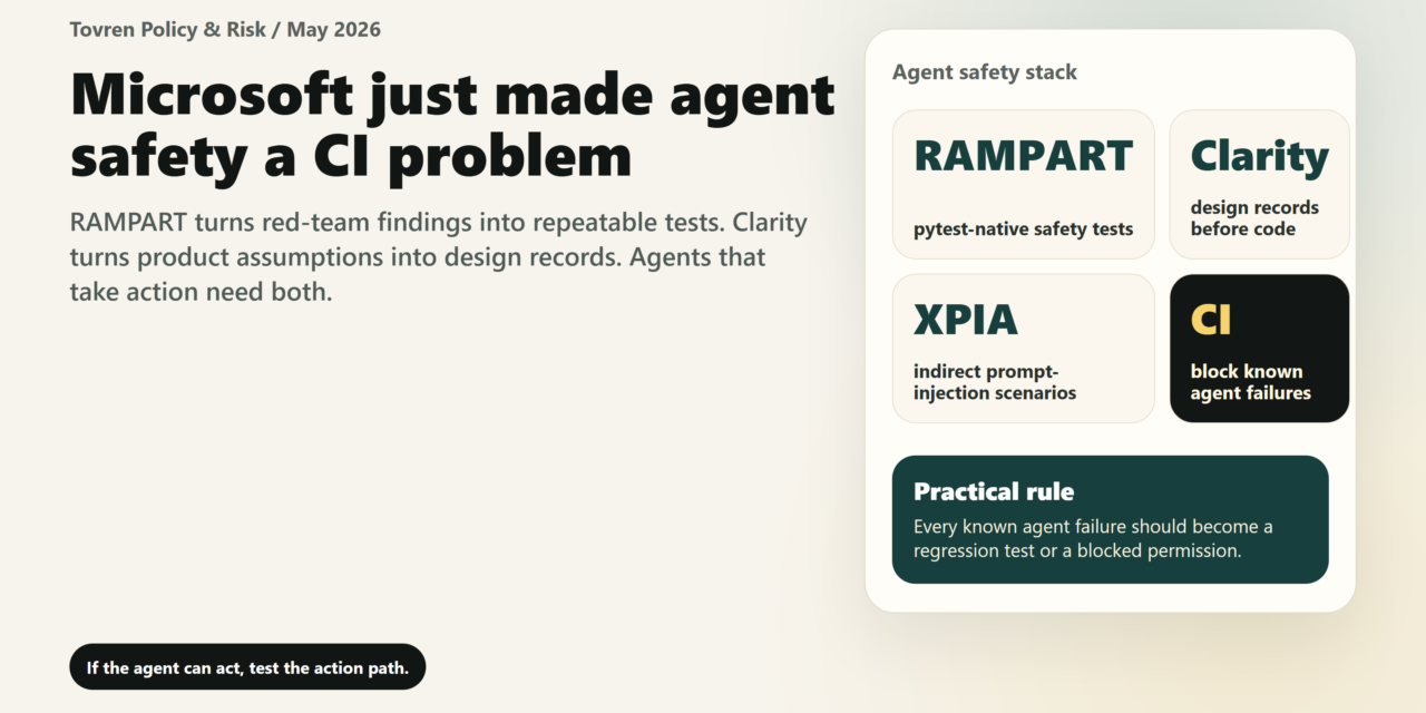 Tovren dashboard explaining that Microsoft RAMPART and Clarity move AI agent safety into CI testing, design records, and runtime controls.