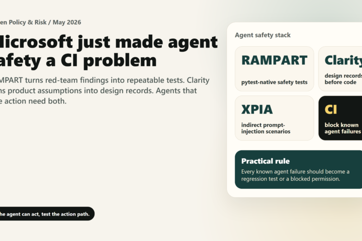 Tovren dashboard explaining that Microsoft RAMPART and Clarity move AI agent safety into CI testing, design records, and runtime controls.