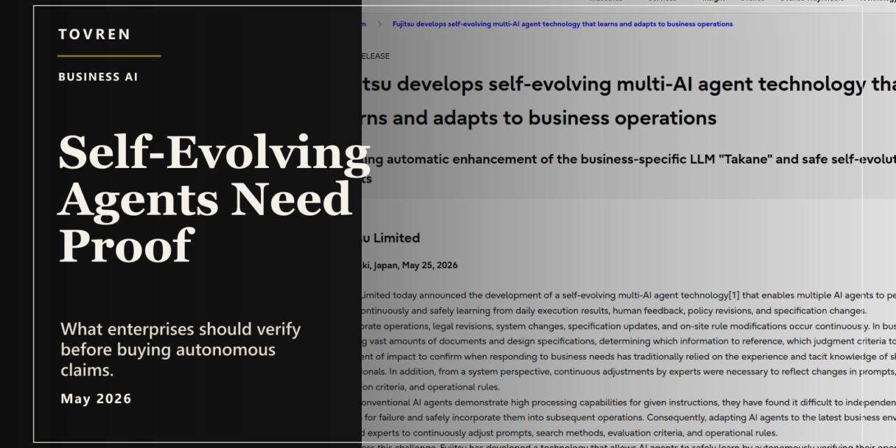Premium editorial image about enterprise self-evolving AI agents needing evidence, approval gates, rollback, and audit logs.
