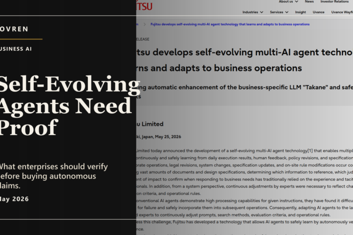 Premium editorial image about enterprise self-evolving AI agents needing evidence, approval gates, rollback, and audit logs.