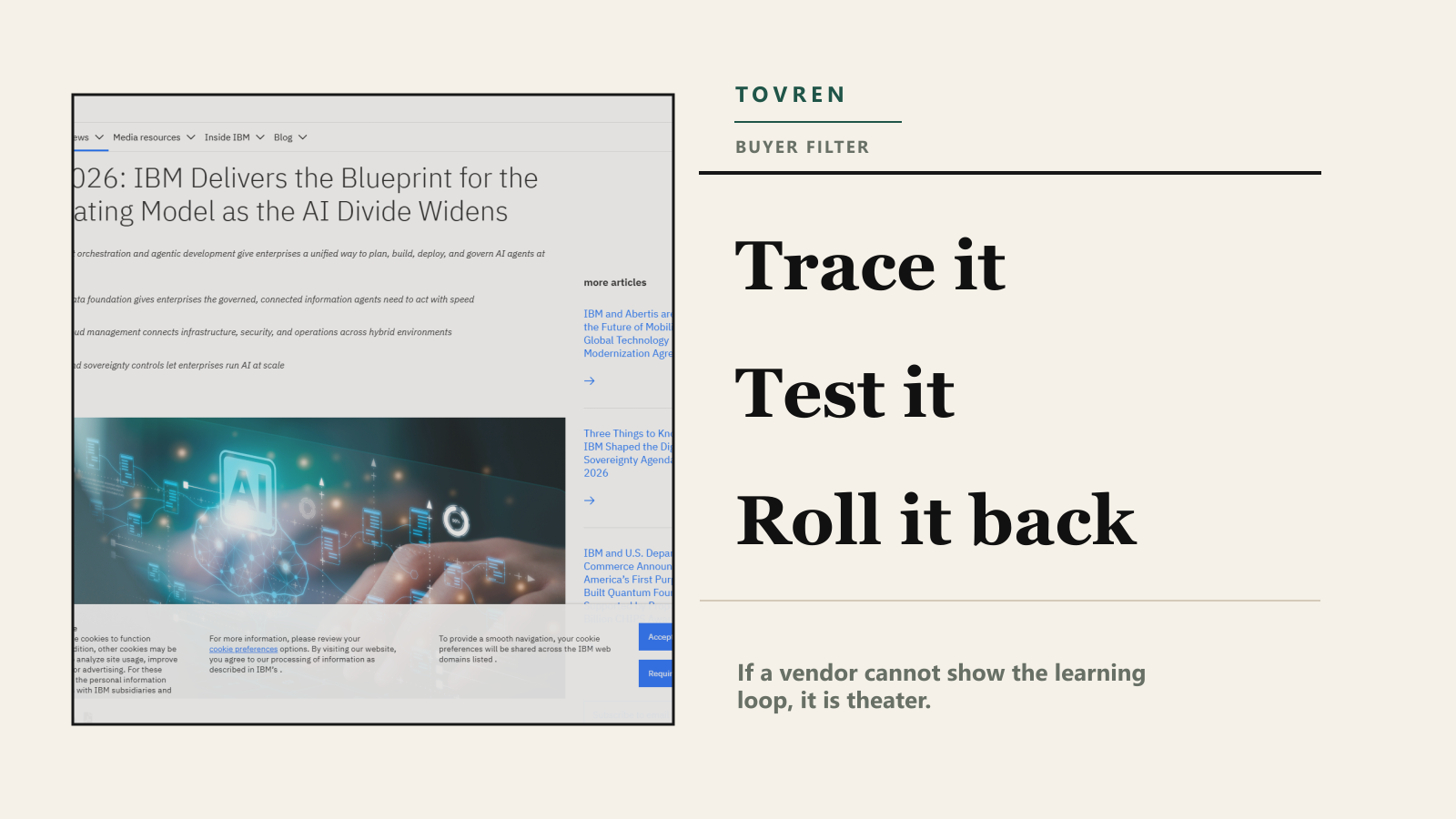 Premium editorial image about filtering self-evolving AI agent vendor claims through traces, tests, and rollback.