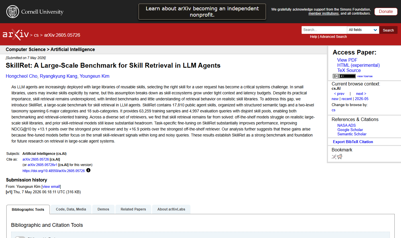 Actual arXiv source page for the SkillRet paper submitted on May 7, 2026