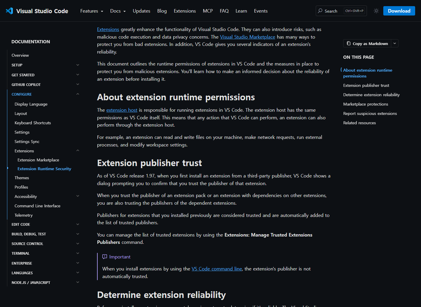 Screenshot of Microsoft VS Code documentation explaining extension runtime security.