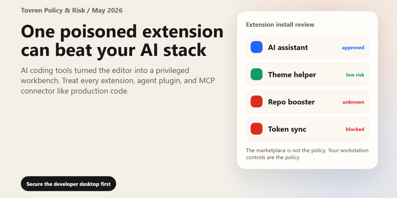 A VS Code extension review board showing approved, low-risk, unknown and blocked extensions.