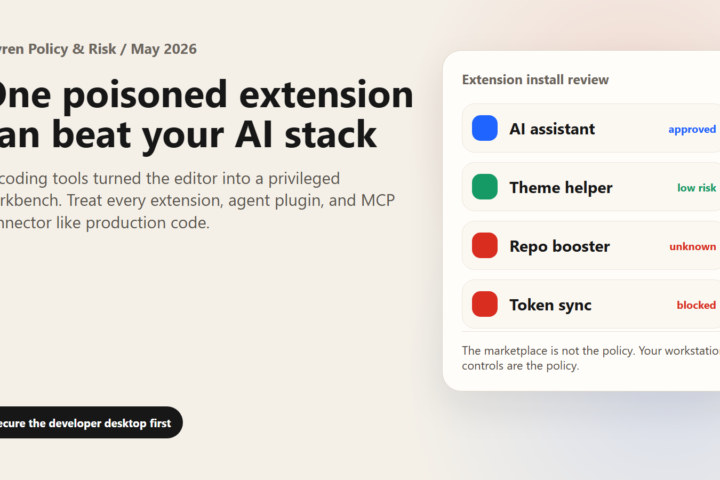 A VS Code extension review board showing approved, low-risk, unknown and blocked extensions.