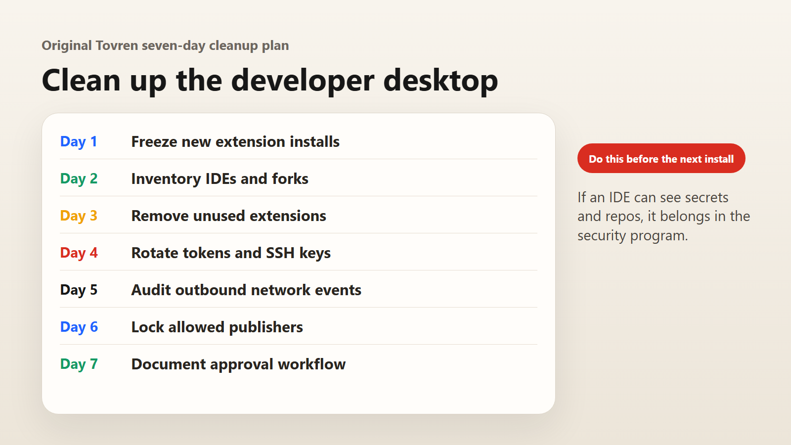 Seven-day cleanup plan for developer desktops after extension risk review.