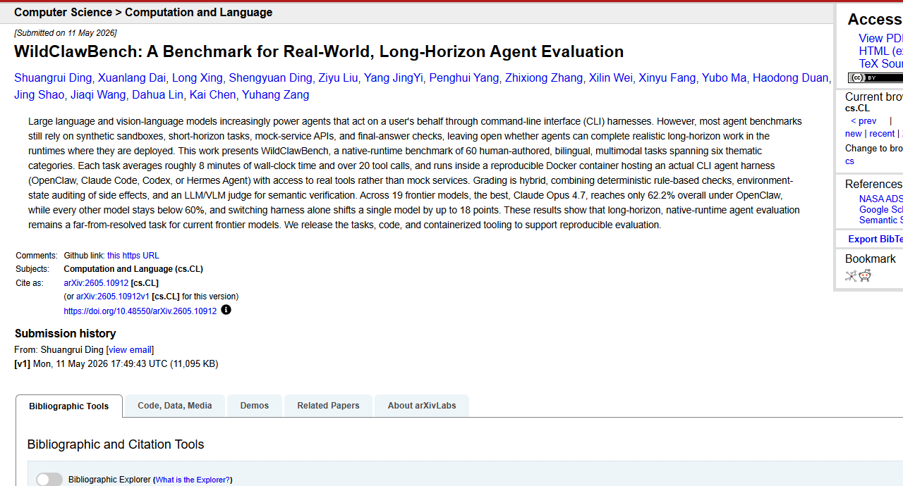 arXiv page screenshot for WildClawBench paper