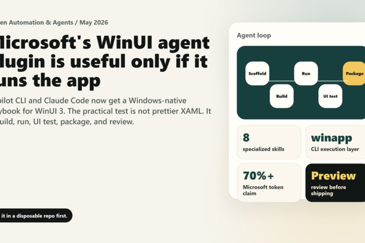 Tovren dashboard explaining that the WinUI agent plugin is useful only if it can scaffold, build, run, UI test, package, and report a Windows app.