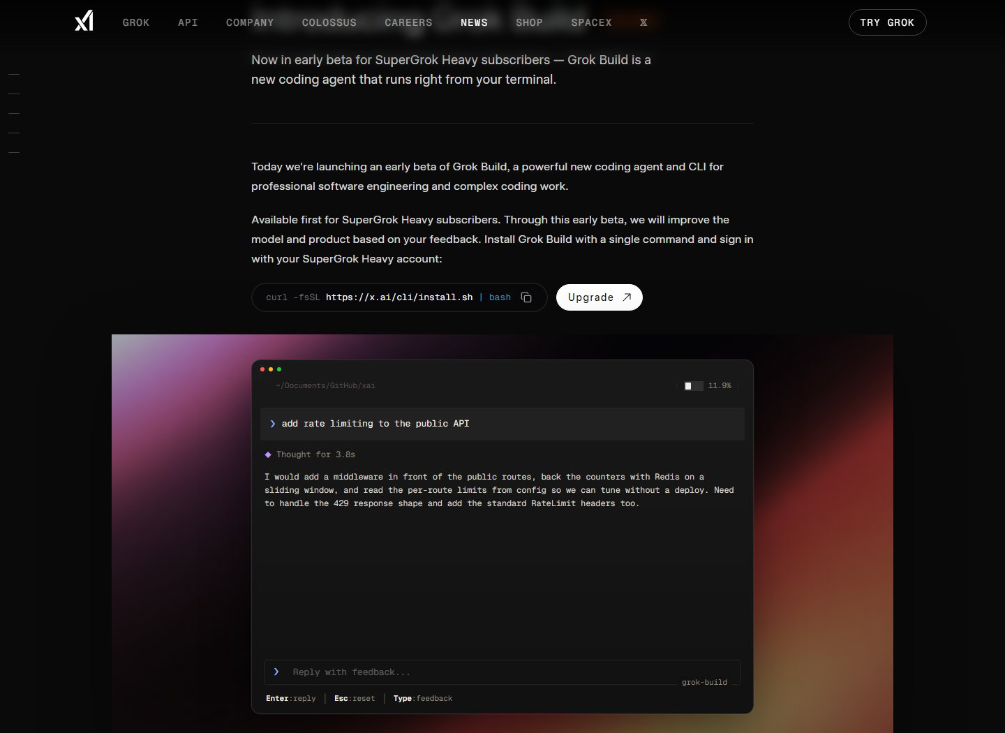 Screenshot of the xAI Grok Build product page describing the early beta terminal coding agent.