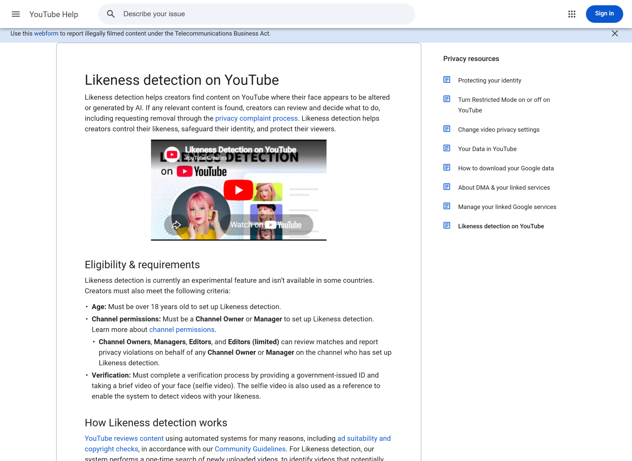 Screenshot of the official YouTube Help page explaining likeness detection eligibility, verification and visual matches.
