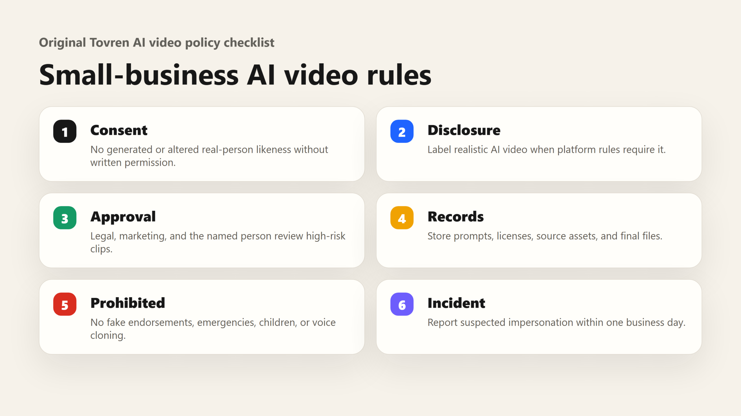 Checklist for consent, disclosure, approval, records, prohibited uses and incident response in AI video policy.