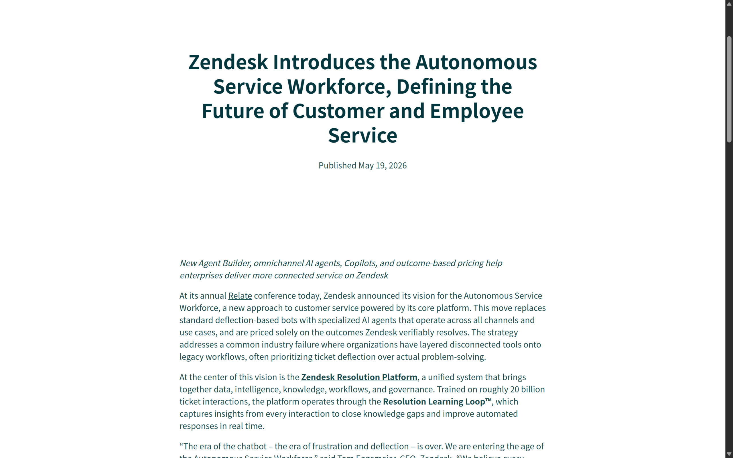 Screenshot of Zendesk announcement introducing the Autonomous Service Workforce for customer and employee service.
